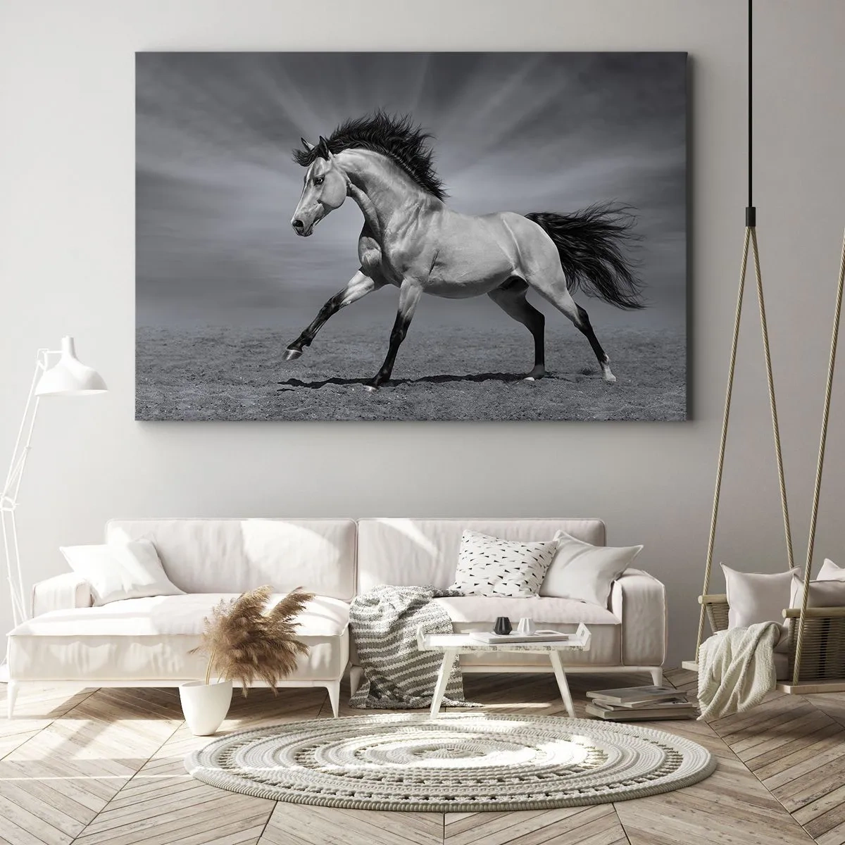 Bild auf Leinwand - Leinwandbild - Ein schwarz-weißes Pferd in einer dynamischen Pose in der Wüste. - 70x50cm - Geboren um Freude zu bereiten - Moderne Wanddekoration für Wohnzimmer und Schlafzimmer ARTTOR