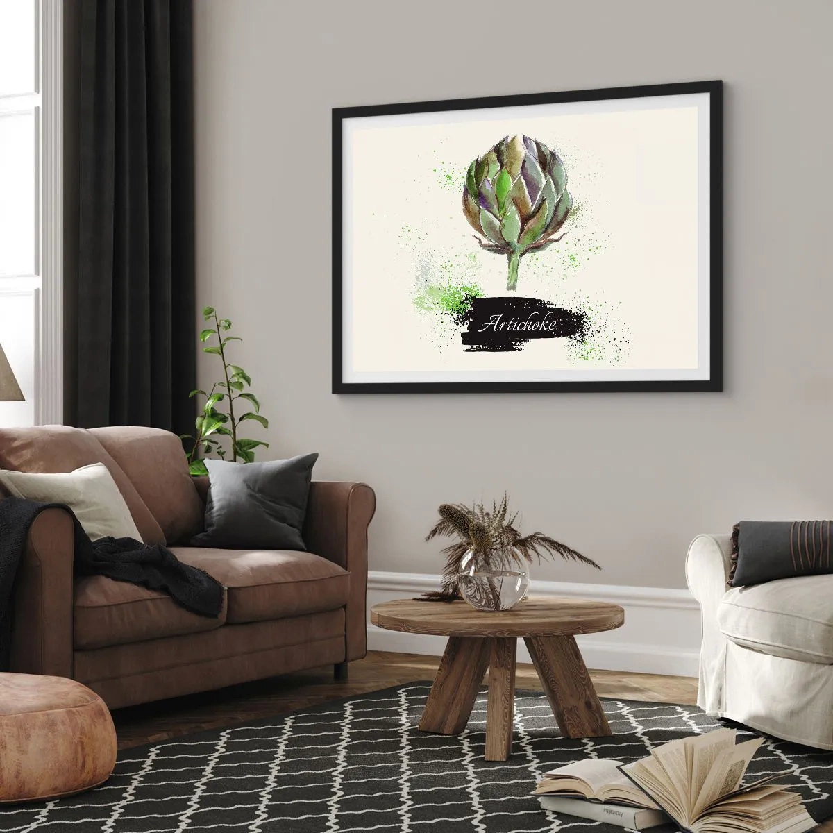 Poster in einem schwarzem Rahmen - Aquarell Artischocke mit Text auf hellem Hintergrund mit grünen Akzenten - 70x50cm - Eviva-Gemüse! - Moderne Wanddekoration für Wohnzimmer und Schlafzimmer ARTTOR