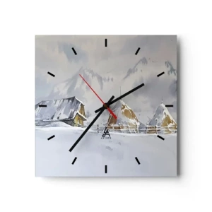 Wanduhr - Glasuhr - Winterlandschaft mit Hütte und Heuhaufen in den Bergen - 30x30cm - In einem verschneiten Talkessel - Moderne Wanddekoration für Wohnzimmer und Schlafzimmer ARTTOR
