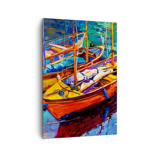Bild auf Leinwand - Leinwandbild - Bunte Boote auf ruhigem Wasser - 70x100cm - Auf Wasser dick mit Farben - Moderne Wanddekoration für Wohnzimmer und Schlafzimmer ARTTOR