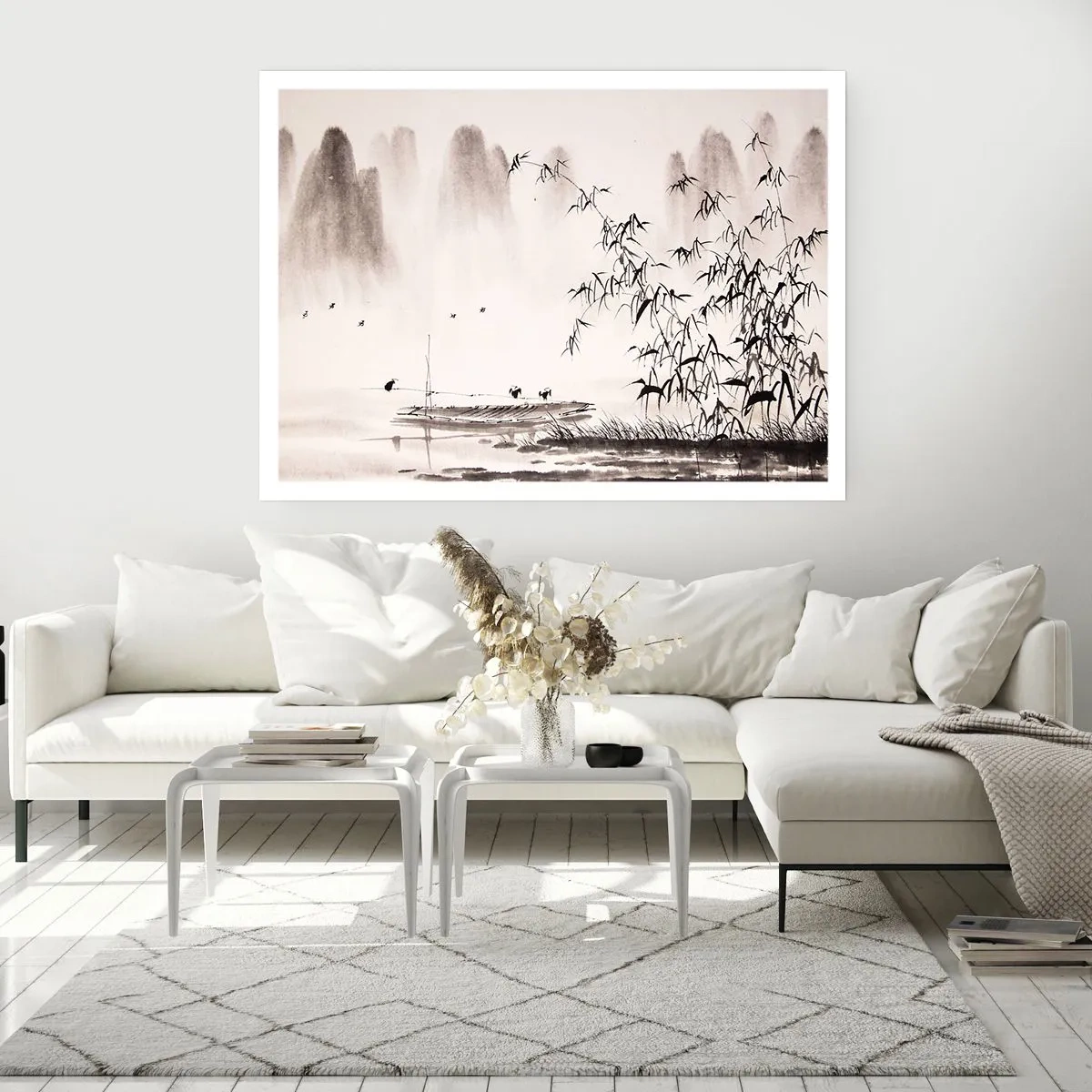 Poster - Eine minimalistische Landschaft im orientalischen Stil - 100x70cm - Die Stille der Reisfelder - Moderne Wanddekoration für Wohnzimmer und Schlafzimmer ARTTOR