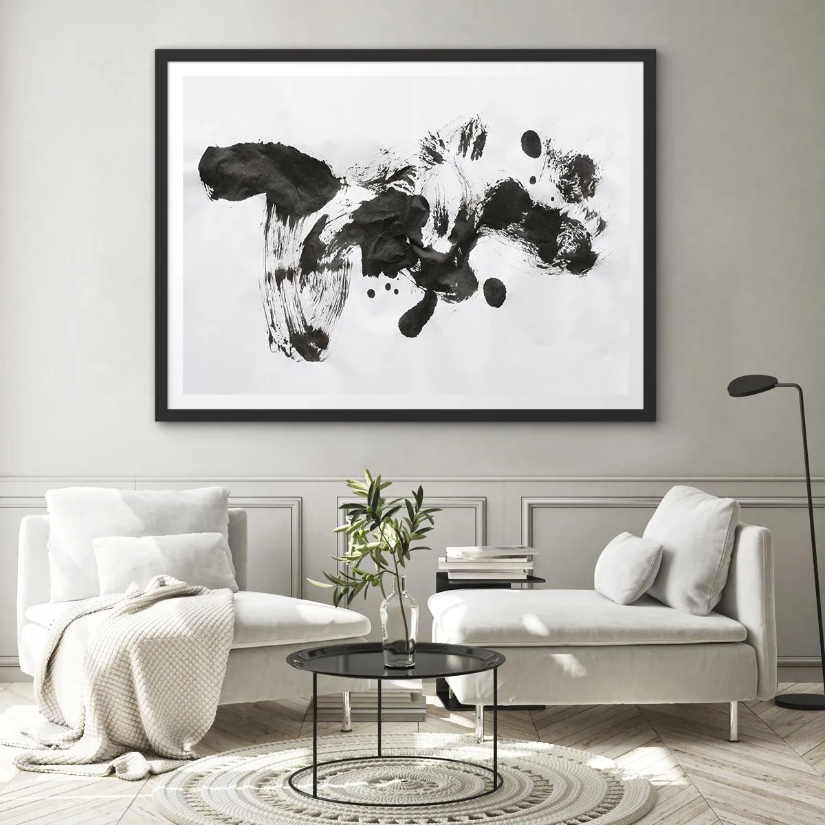 Poster in einem schwarzem Rahmen - Abstrakte Komposition aus schwarzen Flecken auf weißem Hintergrund - 100x70cm - Obwohl das Wahnsinn ist, steckt darin eine Methode? - Moderne Wanddekoration für Wohnzimmer und Schlafzimmer ARTTOR