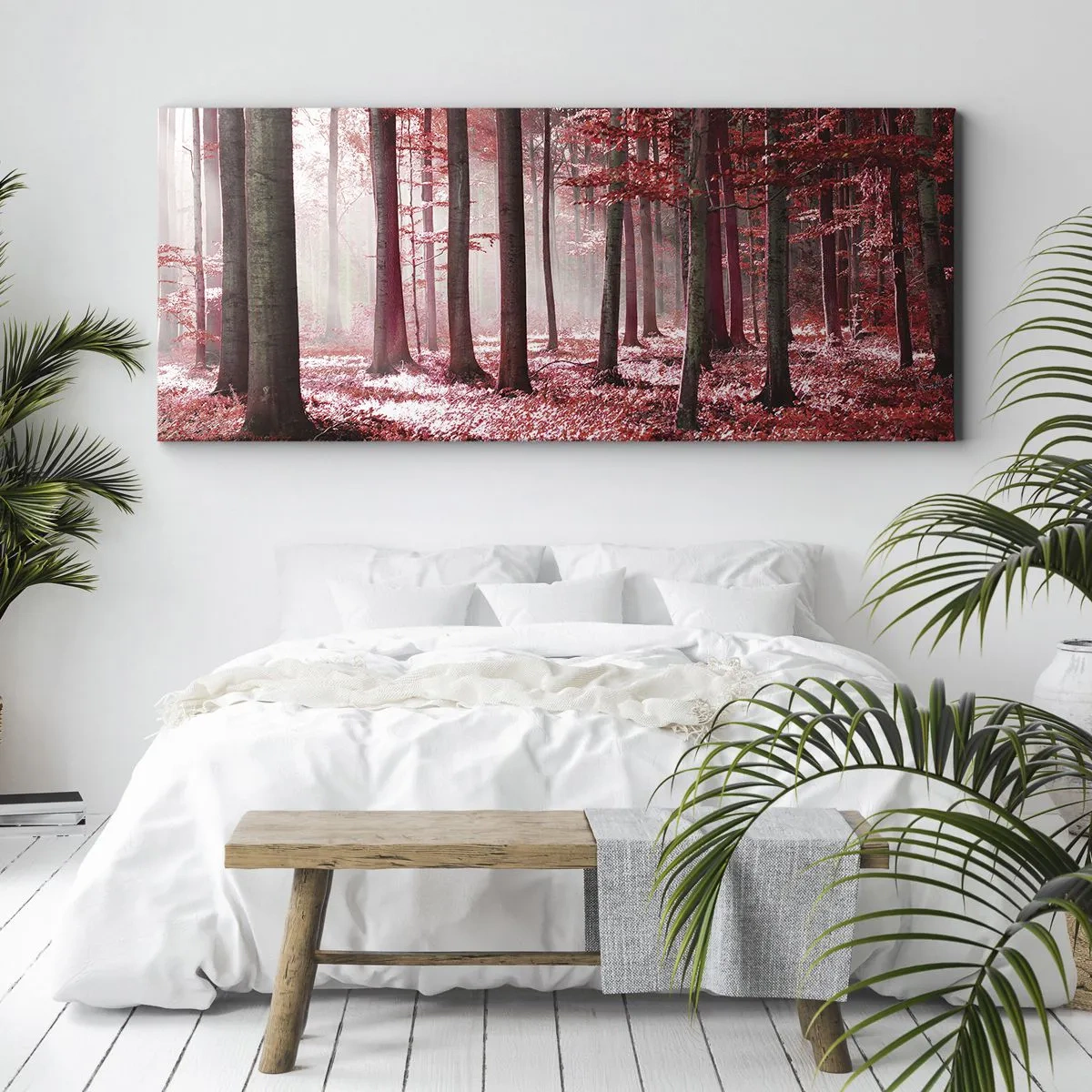 Bild auf Leinwand - Leinwandbild - Ein atemberaubender Wald in roten Farbtönen mit Lichtstrahlen, die durch die Bäume dringen - 120x50cm - Rot ist genauso schön - Moderne Wanddekoration für Wohnzimmer und Schlafzimmer ARTTOR