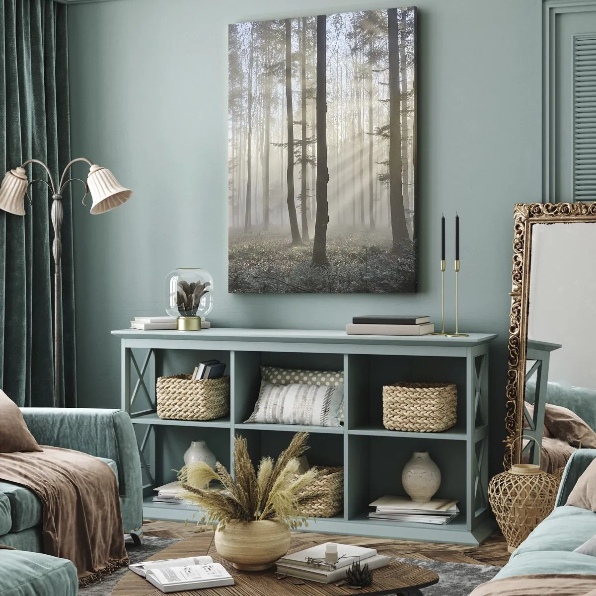 Bild auf Leinwand - Leinwandbild - Ein Wald in leichtem Nebel mit Sonnenstrahlen, die durch die Bäume scheinen - 80x120cm - Der Nebel ist auch aufgewacht - Moderne Wanddekoration für Wohnzimmer und Schlafzimmer ARTTOR