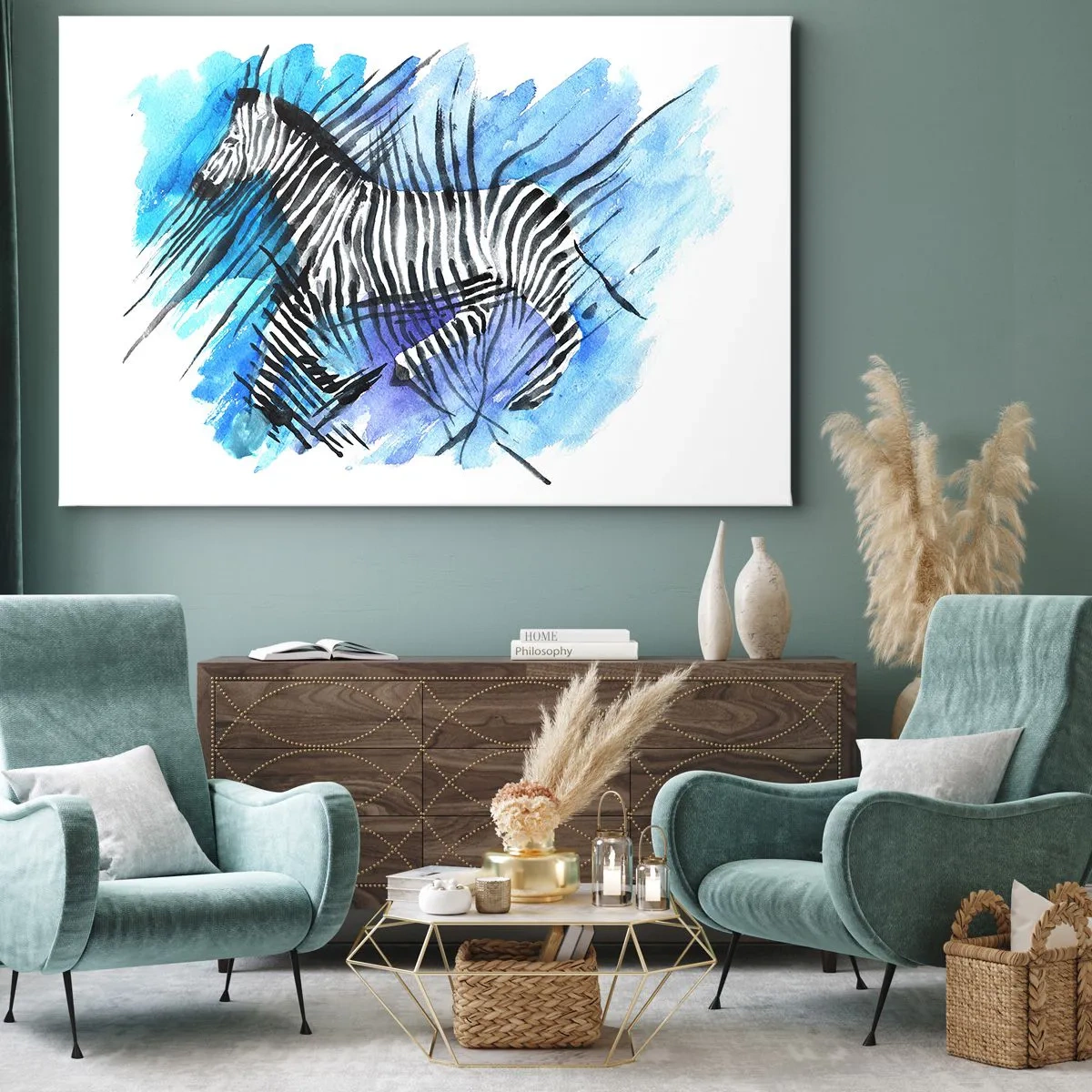 Bild auf Leinwand - Leinwandbild - Aquarell-Illustration eines Zebras vor blauem Himmel - 120x80cm - In Streifen versteckt - Moderne Wanddekoration für Wohnzimmer und Schlafzimmer ARTTOR
