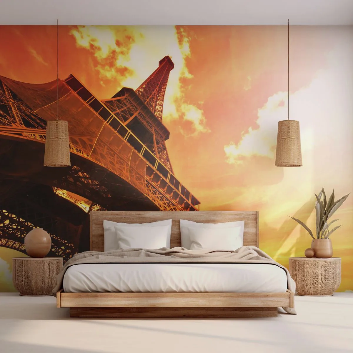 Fototapete Premium Sand - Der Eiffelturm im goldenen Schein des Sonnenuntergangs - 100x70cm - Monumental, weil es mit der Sonne vergoldet ist - Moderne Wanddekoration für Wohnzimmer und Schlafzimmer ARTTOR