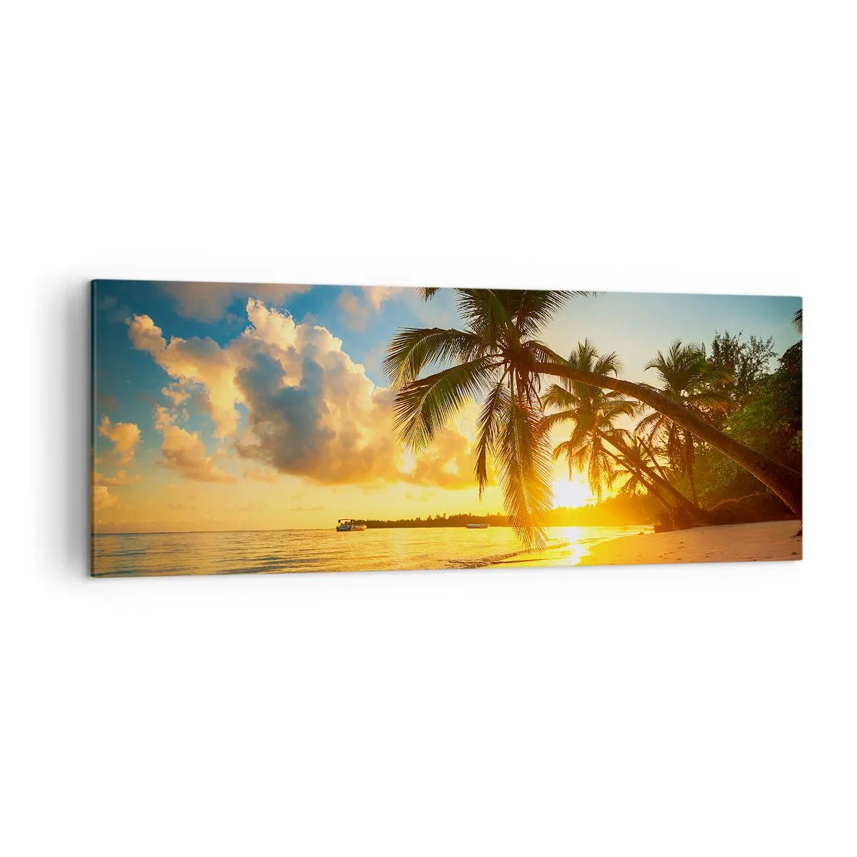 Bild auf Leinwand - Leinwandbild - Sonnenuntergang am Strand mit Palmen an der Küste - 140x50cm - Karibischer Traum - Moderne Wanddekoration für Wohnzimmer und Schlafzimmer ARTTOR