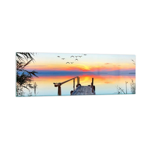 Glasbild - Bild auf glas - Holzsteg über dem See bei Sonnenuntergang - 160x50cm - Es ist Zeit, zurückzukehren ... - Moderne Wanddekoration für Wohnzimmer und Schlafzimmer ARTTOR