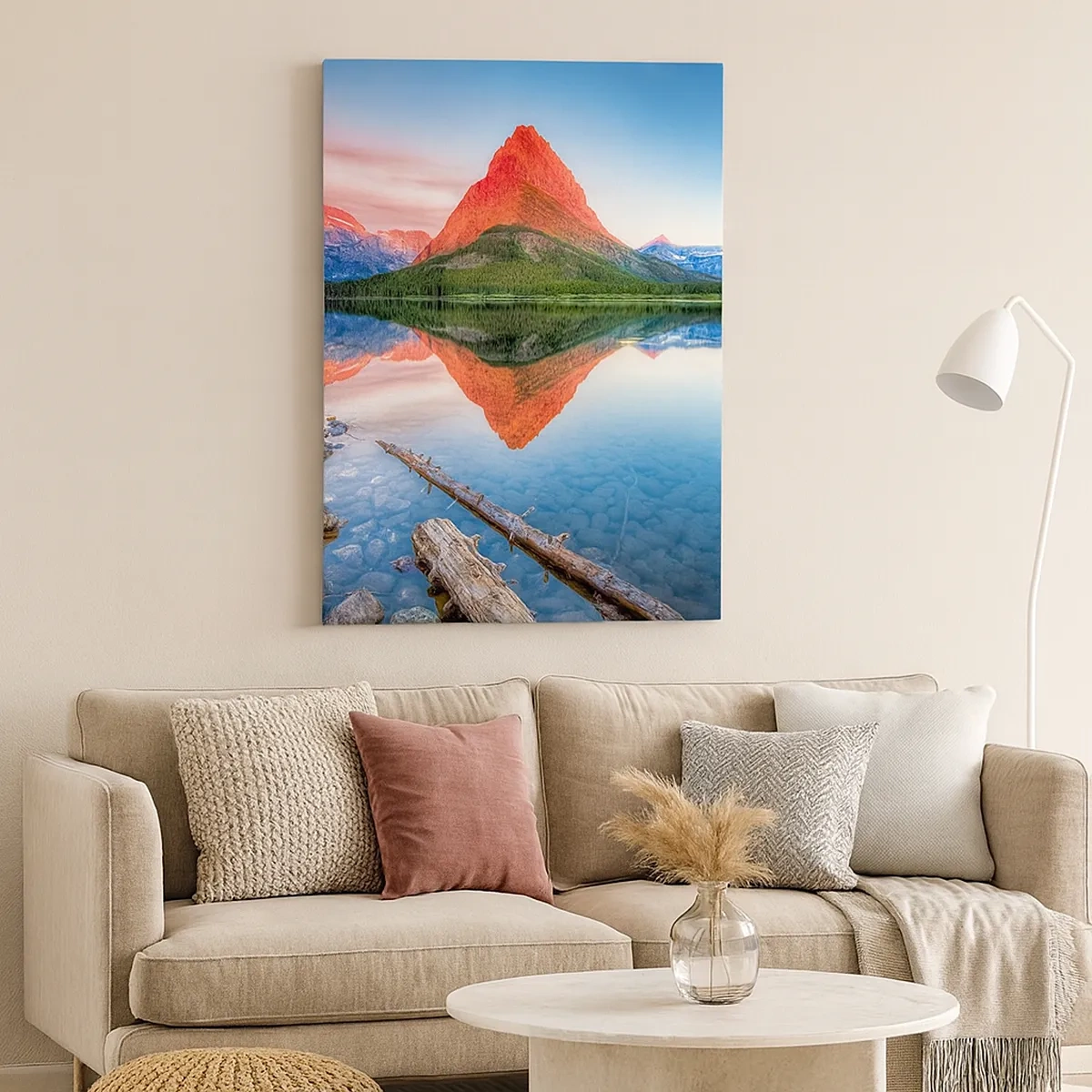 Bild auf Leinwand - Leinwandbild - Ein Berg, der sich bei Sonnenuntergang in einem See spiegelt - 50x70cm - Hitze und Kälte - Moderne Wanddekoration für Wohnzimmer und Schlafzimmer ARTTOR