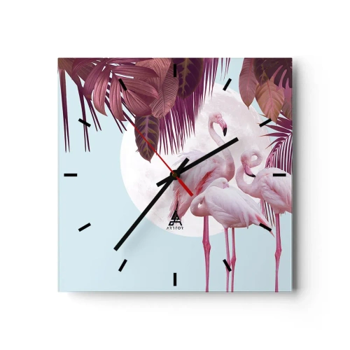 Wanduhr - Glasuhr - Rosa Flamingos vor dem Hintergrund des Mondes und tropischer Blätter - 30x30cm - Drei Vogelgnaden - Moderne Wanddekoration für Wohnzimmer und Schlafzimmer ARTTOR
