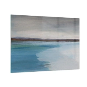 Glasbild - Bild auf glas - Eine ruhige Landschaft mit Wasser und fernen Hügeln in Pastelltönen. - 70x50cm - Horizontale Landschaft - Moderne Wanddekoration für Wohnzimmer und Schlafzimmer ARTTOR
