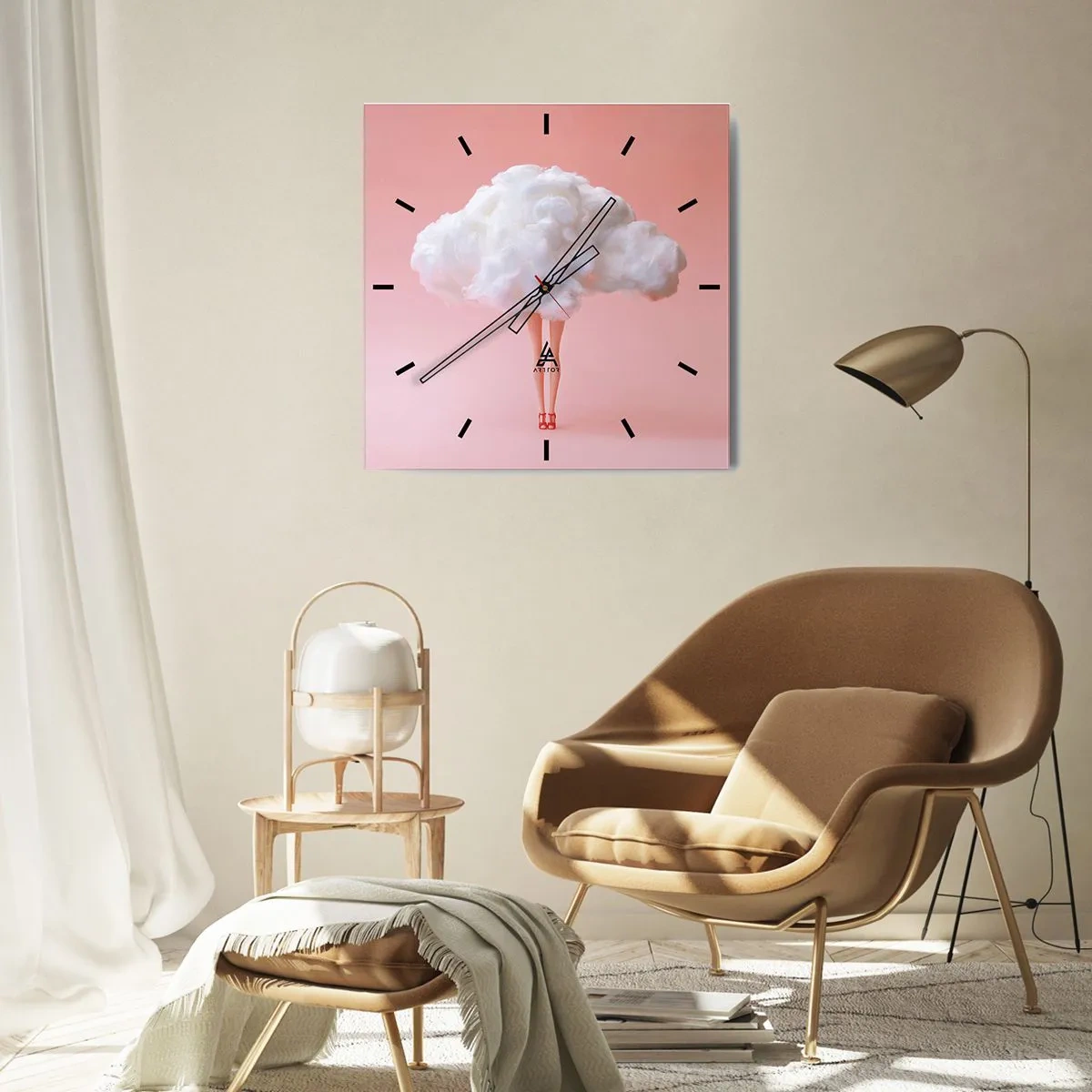 Wanduhr - Glasuhr - Beine in einer Wolke auf rosa Hintergrund - 30x30cm - Süßes Versprechen - Moderne Wanddekoration für Wohnzimmer und Schlafzimmer ARTTOR