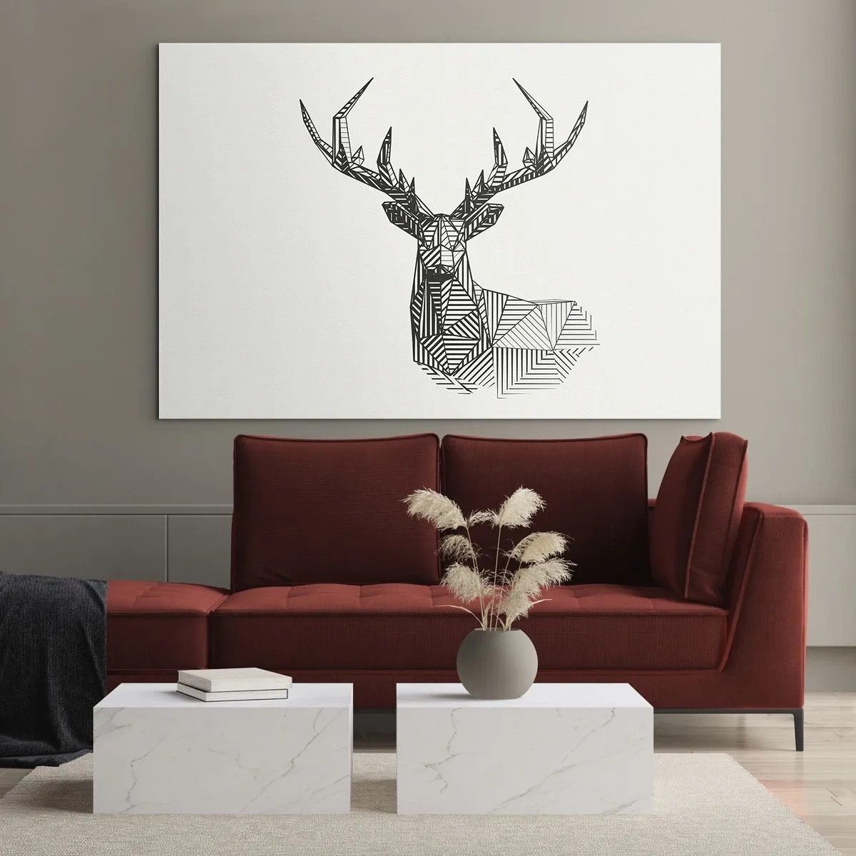 Glasbild - Bild auf glas - Kubistisches Reh aus geometrischen Formen auf weißem Hintergrund - 70x50cm - Ein Hirsch im kubistischen Stil - Moderne Wanddekoration für Wohnzimmer und Schlafzimmer ARTTOR