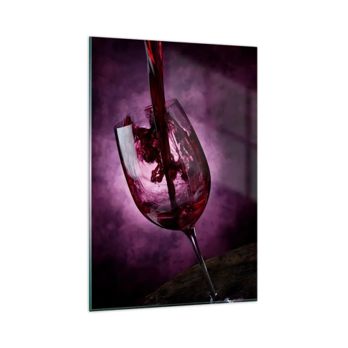 Glasbild - Bild auf glas - Rotwein wird vor violettem Rauch in ein Glas gegossen - 80x120cm - Scharlachrot? Karminrot? Nein, Rubin. - Moderne Wanddekoration für Wohnzimmer und Schlafzimmer ARTTOR