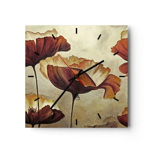 Wanduhr - Glasuhr - Dezente Blumen in Rot- und Goldtönen auf hellem Untergrund - 30x30cm - Weideland - Moderne Wanddekoration für Wohnzimmer und Schlafzimmer ARTTOR