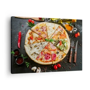 Bild auf Leinwand - Leinwandbild - Pizza in verschiedenen Geschmacksrichtungen mit verschiedenen Belägen - 70x50cm - Eine Reihe von Geschmacksrichtungen - Moderne Wanddekoration für Wohnzimmer und Schlafzimmer ARTTOR