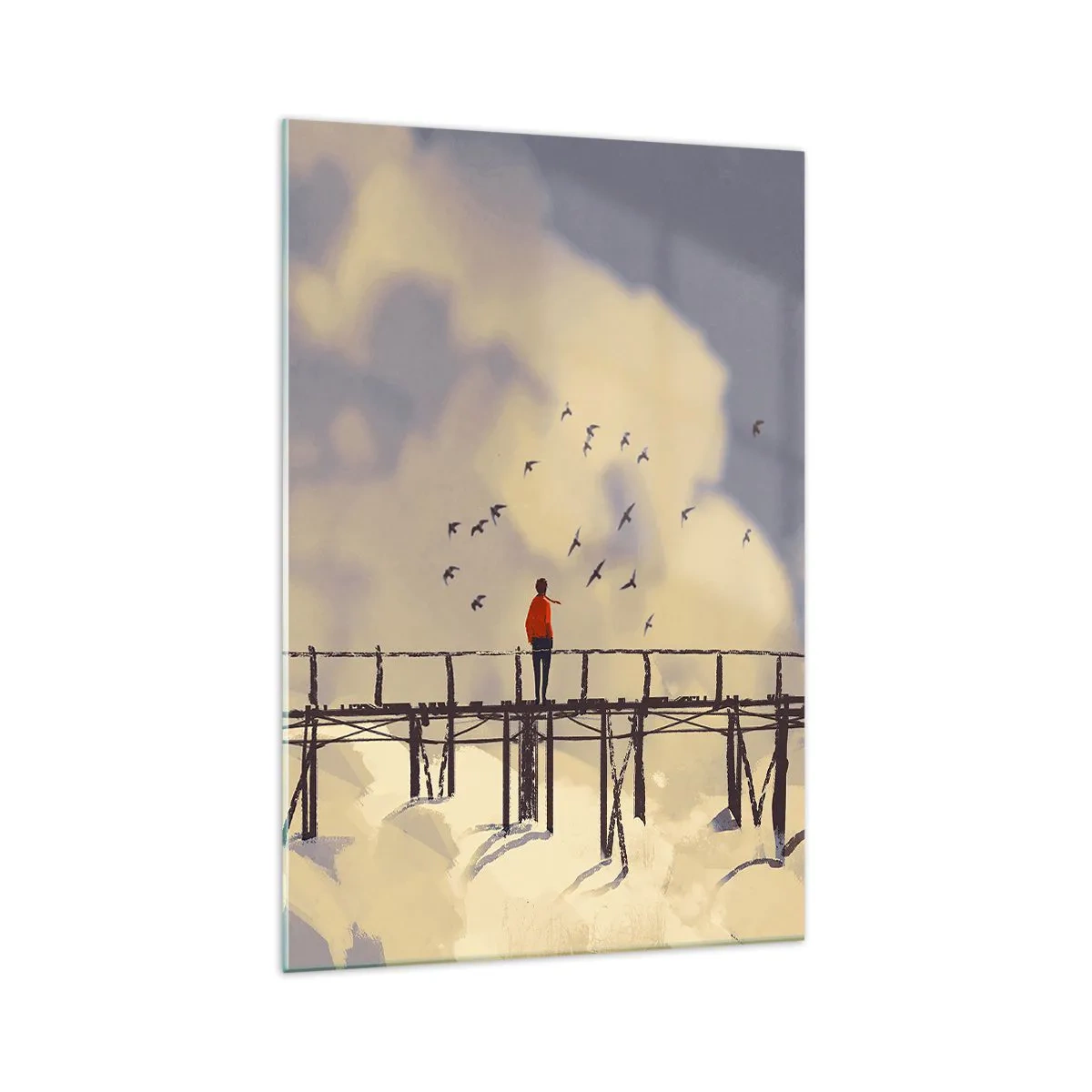 Glasbild - Bild auf glas - Eine Figur auf einer Brücke zwischen Wolken mit Vögeln am Himmel - 70x100cm - Blaue Sehnsucht - Moderne Wanddekoration für Wohnzimmer und Schlafzimmer ARTTOR