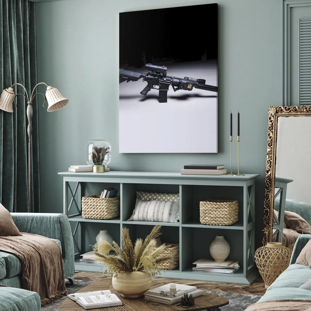 Bild auf Leinwand - Leinwandbild - Ein modernes Gewehr in Schwarz auf dunklem Hintergrund - 80x120cm - dunkler Ritter - Moderne Wanddekoration für Wohnzimmer und Schlafzimmer ARTTOR