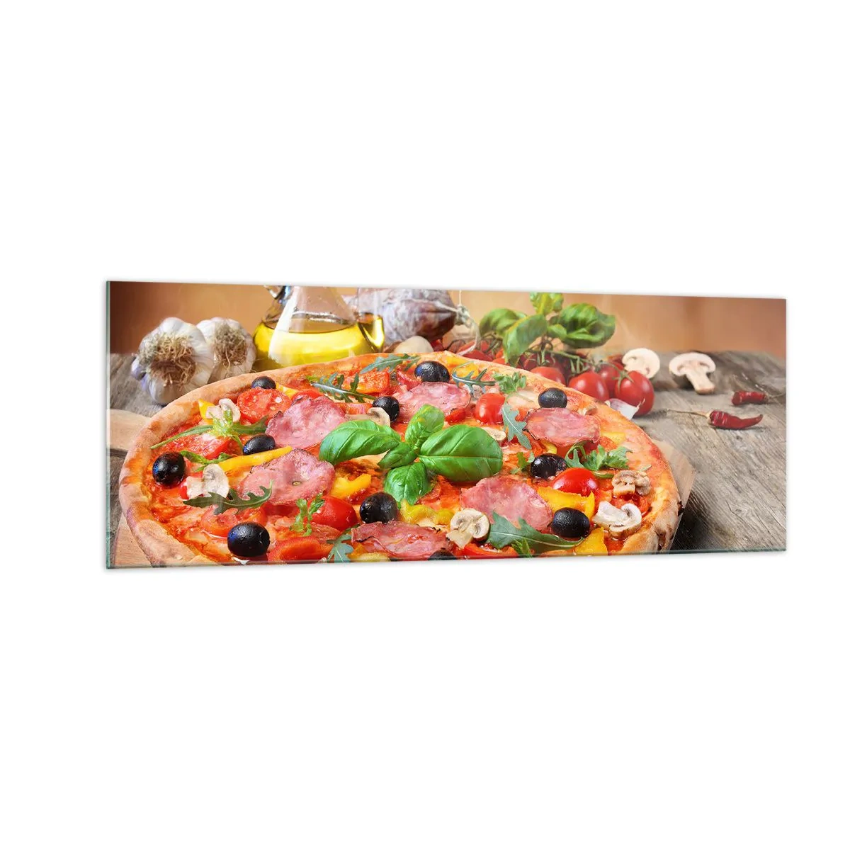 Glasbild - Bild auf glas - Appetitliche Pizza auf einem Holztisch mit Belag - 140x50cm - Mit echtem italienischem Flair - Moderne Wanddekoration für Wohnzimmer und Schlafzimmer ARTTOR