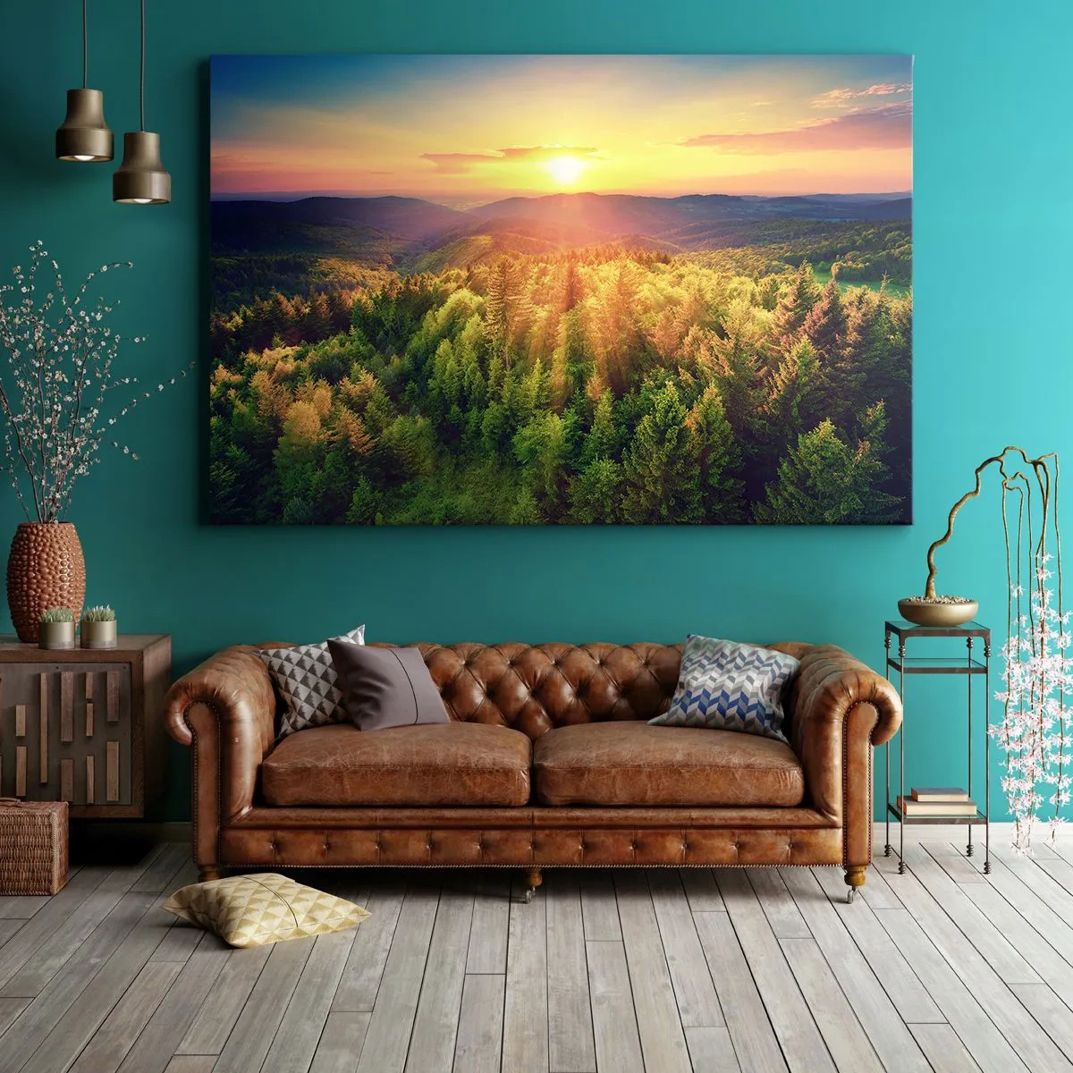 Bild auf Leinwand - Leinwandbild - Waldlandschaft mit Sonnenuntergang über den Hügeln - 70x50cm - Scheitelpunkte und Spitzen - Moderne Wanddekoration für Wohnzimmer und Schlafzimmer ARTTOR