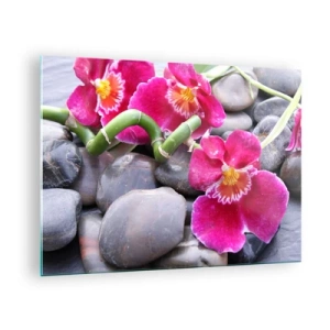 Glasbild - Bild auf glas - Rosa Orchideen mit Bambus auf Steinen - 70x50cm - Kühlen und erhitzen - Moderne Wanddekoration für Wohnzimmer und Schlafzimmer ARTTOR
