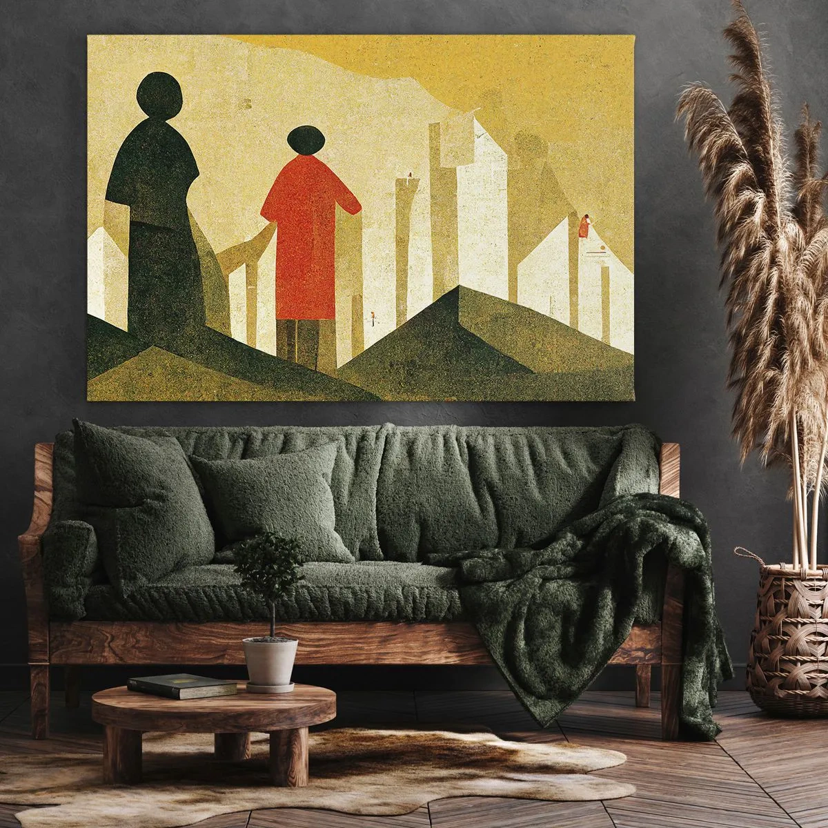 Bild auf Leinwand - Leinwandbild - Geometrische Silhouetten in Rot und Grün auf gelbem Hintergrund - 120x80cm - Es ist noch ein langer Weg - Moderne Wanddekoration für Wohnzimmer und Schlafzimmer ARTTOR