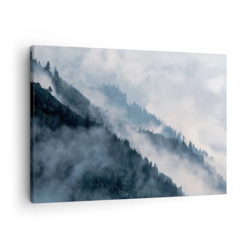 Bild auf Leinwand - Leinwandbild - Nebel schwebt über den bewaldeten Berghängen in einer geheimnisvollen Landschaft - 70x50cm - Mystik der Berge - Moderne Wanddekoration für Wohnzimmer und Schlafzimmer ARTTOR
