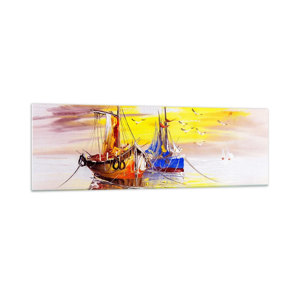 Glasbild - Bild auf glas - Eine malerische Szene von Booten auf ruhiger See - 160x50cm - Eine wohlverdiente Pause im Hafen - Moderne Wanddekoration für Wohnzimmer und Schlafzimmer ARTTOR