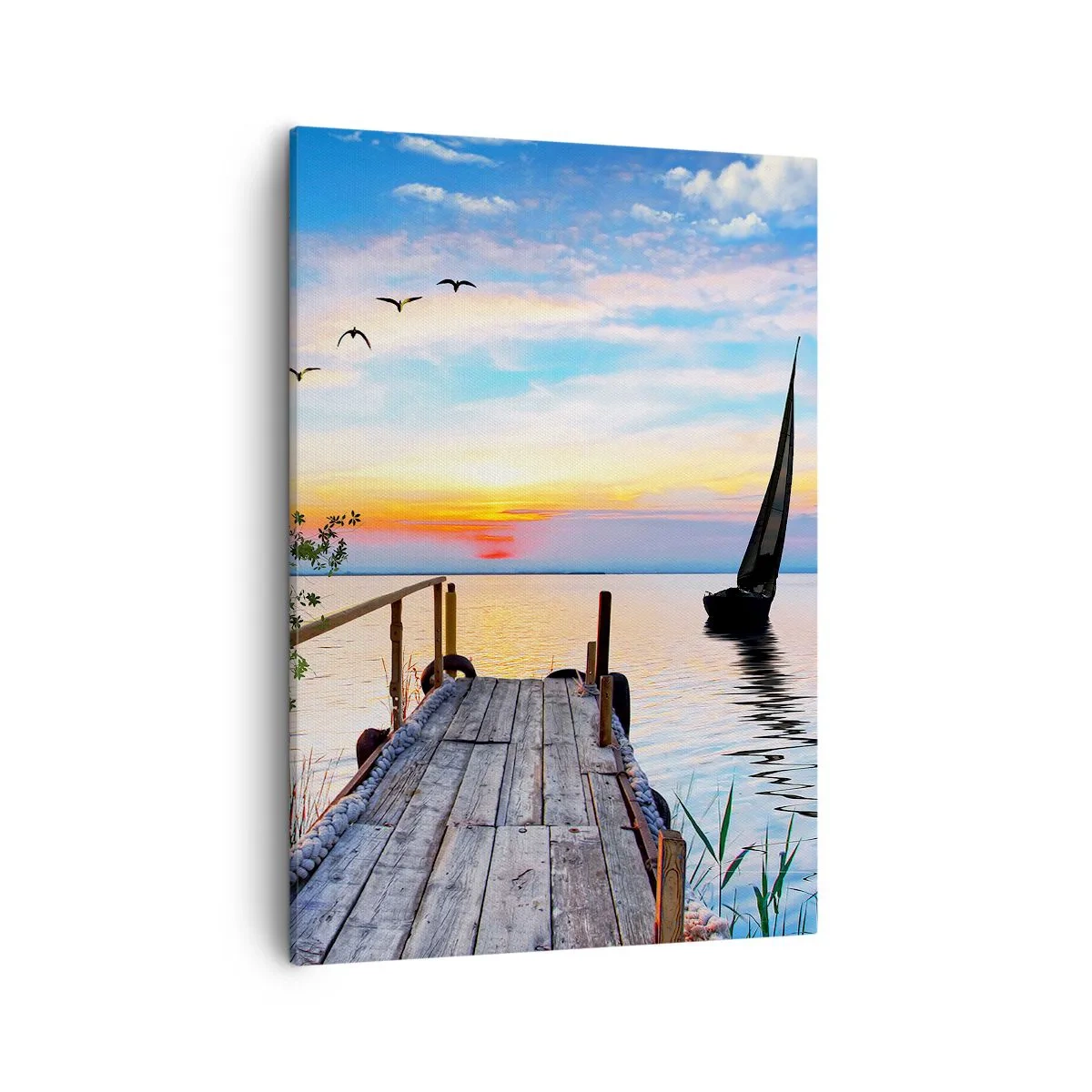Bild auf Leinwand - Leinwandbild - Seepier mit Boot und Sonnenuntergang - 50x70cm - Guten Abend - Moderne Wanddekoration für Wohnzimmer und Schlafzimmer ARTTOR