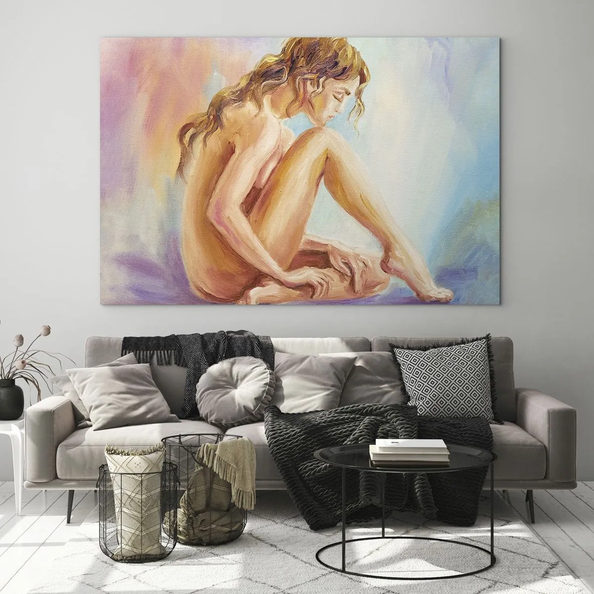 Glasbild - Bild auf glas - Eine Frau in subtiler Reflexion vor einem Hintergrund in Pastellfarben - 70x50cm - Akt der Jugend - Moderne Wanddekoration für Wohnzimmer und Schlafzimmer ARTTOR
