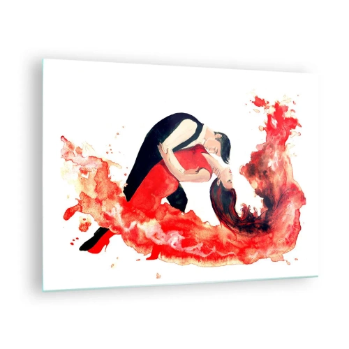 Glasbild - Bild auf glas - Ein tanzendes Paar in einer dynamischen, roten Aquarellkomposition - 70x50cm - Tango - eine sinnliche Welle - Moderne Wanddekoration für Wohnzimmer und Schlafzimmer ARTTOR