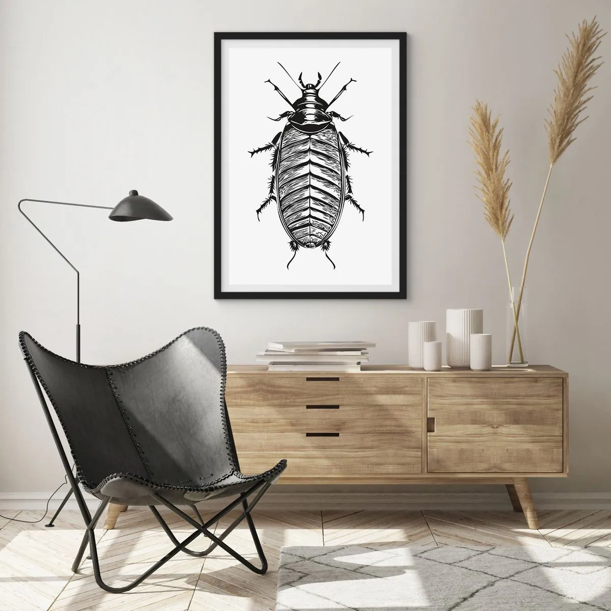 Poster in einem schwarzem Rahmen - Schwarz-Weiß-Illustration eines Insekts im Einzelhandelsstil - 50x70cm - Was für ein Exemplar! - Moderne Wanddekoration für Wohnzimmer und Schlafzimmer ARTTOR