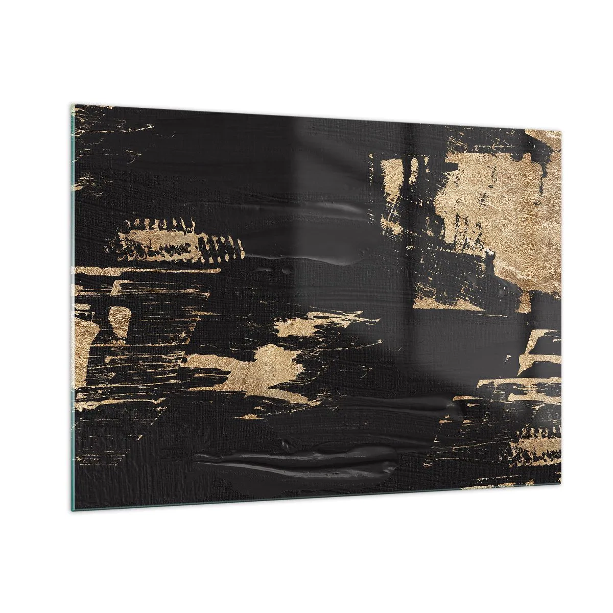 Glasbild - Bild auf glas - Schwarz-goldene Abstraktion mit pinselstrichartiger Textur - 100x70cm - Spur einer Berührung - Moderne Wanddekoration für Wohnzimmer und Schlafzimmer ARTTOR