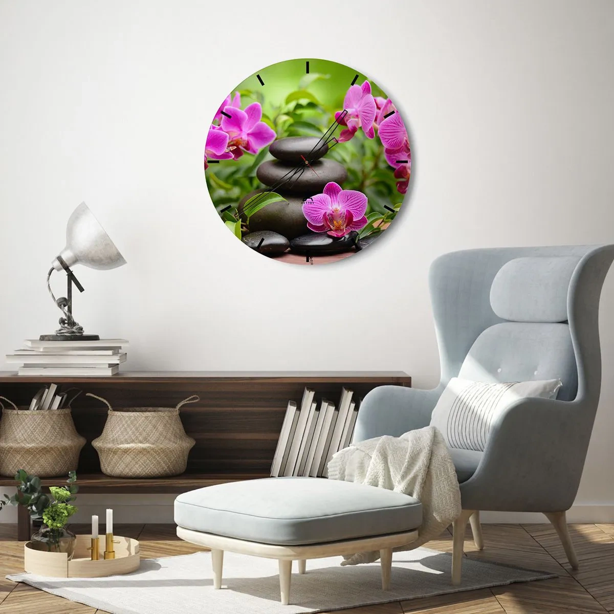 Wanduhr - Glasuhr - Schwarze Steine und rosa Orchideen vor grünem Hintergrund - 30x30cm - Die Pyramide des Friedens - Moderne Wanddekoration für Wohnzimmer, Küche und Schlafzimmer ARTTOR