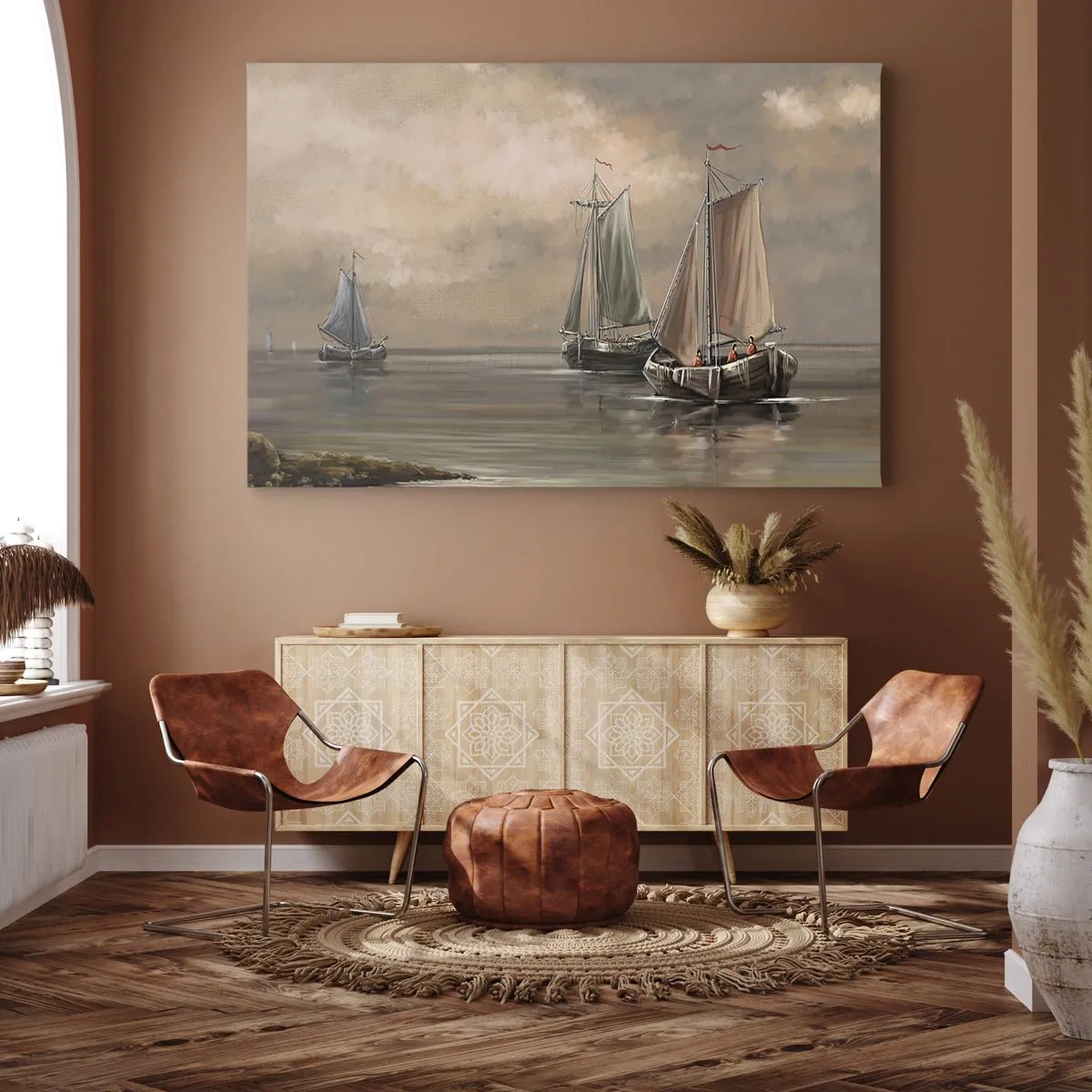 Bild auf Leinwand - Leinwandbild - Segelboote auf ruhigem Meer in pastellfarbener Umgebung - 100x70cm - Die Rückkehr der Matrosen - Moderne Wanddekoration für Wohnzimmer und Schlafzimmer ARTTOR
