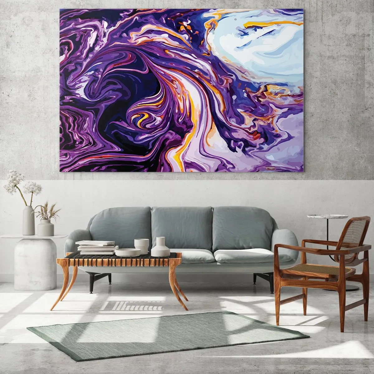 Glasbild - Bild auf glas - Abstraktes Muster in Lila- und Weißtönen mit dynamischen Linien - 70x50cm - Die Falte ist lila geworden - Moderne Wanddekoration für Wohnzimmer und Schlafzimmer ARTTOR