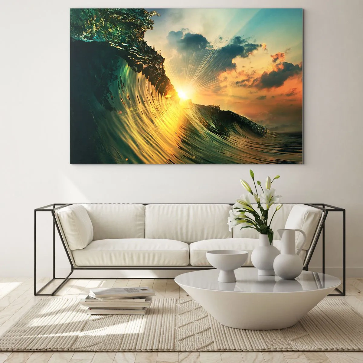 Glasbild - Bild auf glas - Die untergehende Sonne beleuchtet die Meereswellen - 120x80cm - Surfer, wo bist du? - Moderne Wanddekoration für Wohnzimmer und Schlafzimmer ARTTOR