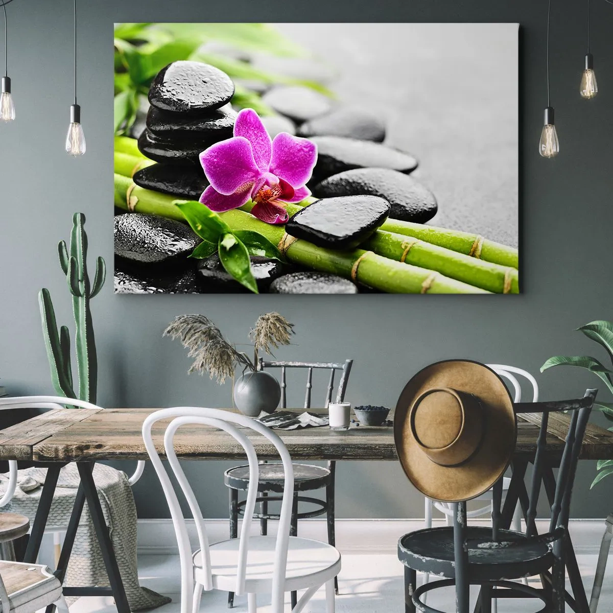 Bild auf Leinwand - Leinwandbild - Lila Orchidee, schwarze Steine und Bambus in einer ruhigen Komposition - 70x50cm - In ruhiger Balance - Moderne Wanddekoration für Wohnzimmer und Schlafzimmer ARTTOR