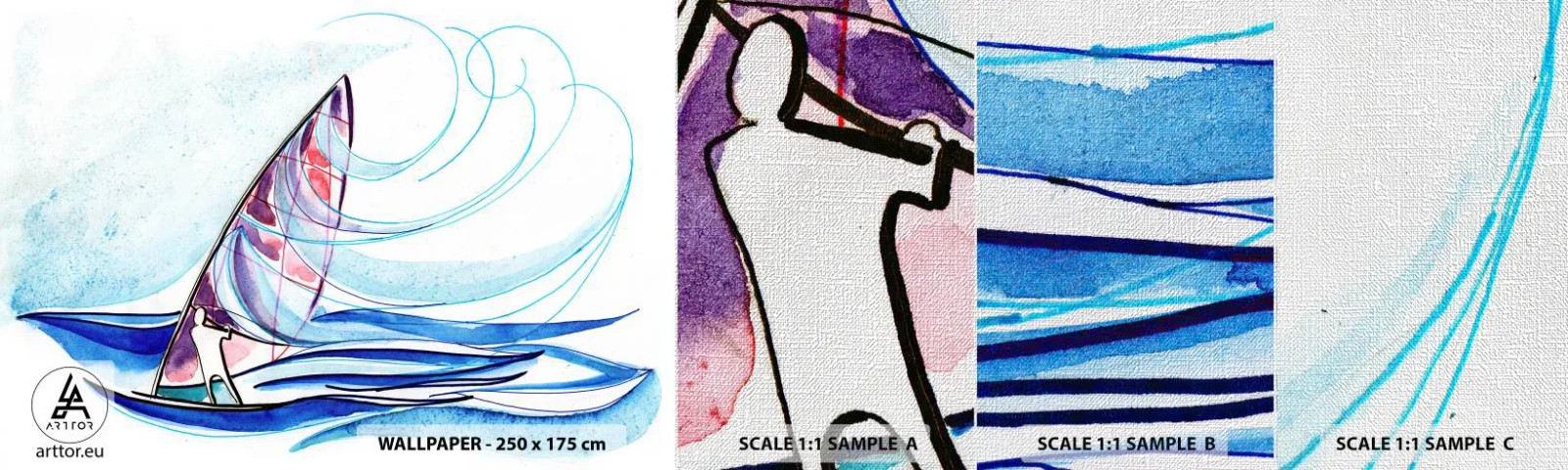 Fototapeten Muster Premium Canvas - Mit dem Wind im Rhythmus der Wellen - Windsurfen, Sport, Meer - 100x30 cm