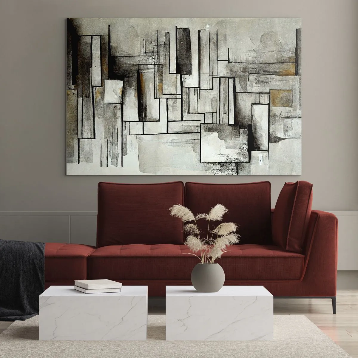 Glasbild - Bild auf glas - Geometrische Komposition aus Rechtecken in gedämpften Grautönen - 100x70cm - Kraft der Einfachheit - Moderne Wanddekoration für Wohnzimmer und Schlafzimmer ARTTOR