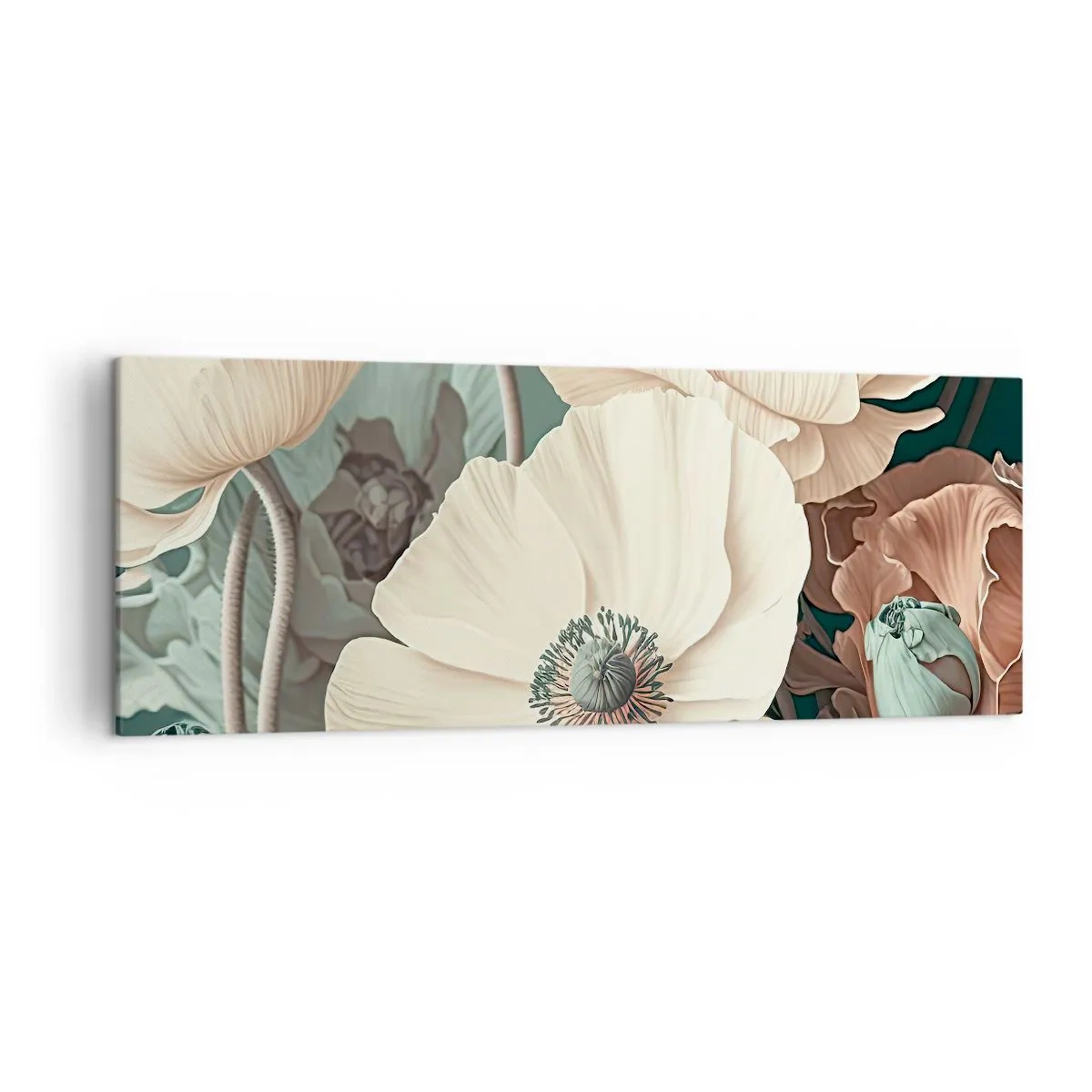 Bild auf Leinwand - Leinwandbild - Elegante Blumen in Pastelltönen auf grünem Hintergrund - 140x50cm - Flüstern von Mohnblumen - Moderne Wanddekoration für Wohnzimmer und Schlafzimmer ARTTOR