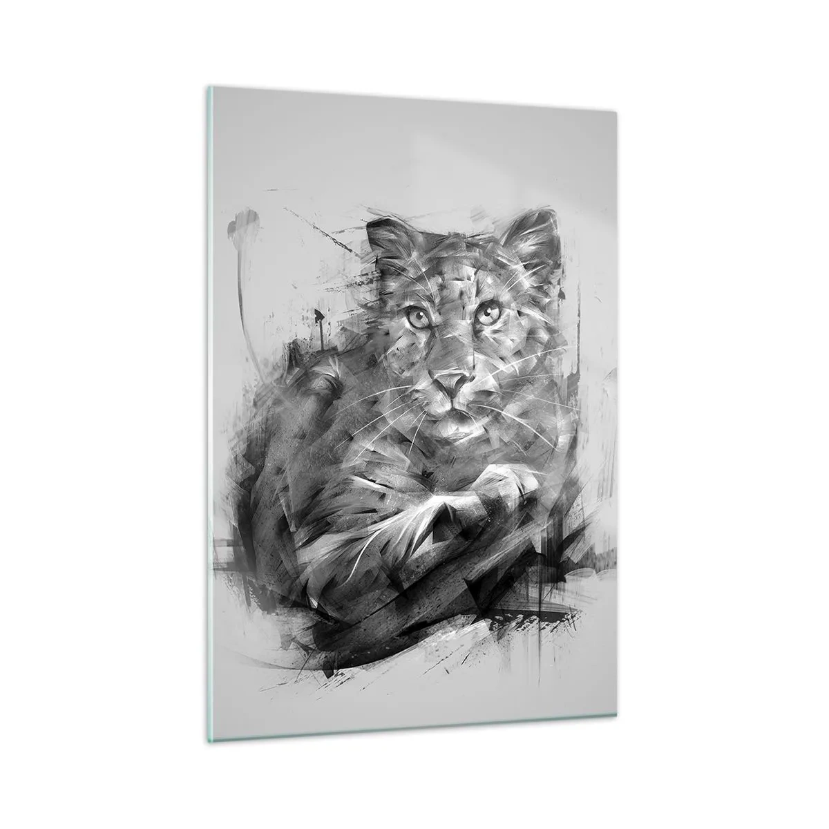 Glasbild - Bild auf glas - Eine Zeichnung eines Tigers im monochromen Stil auf hellem Hintergrund - 50x70cm - Ja, ich höre aufmerksam zu - Moderne Wanddekoration für Wohnzimmer und Schlafzimmer ARTTOR