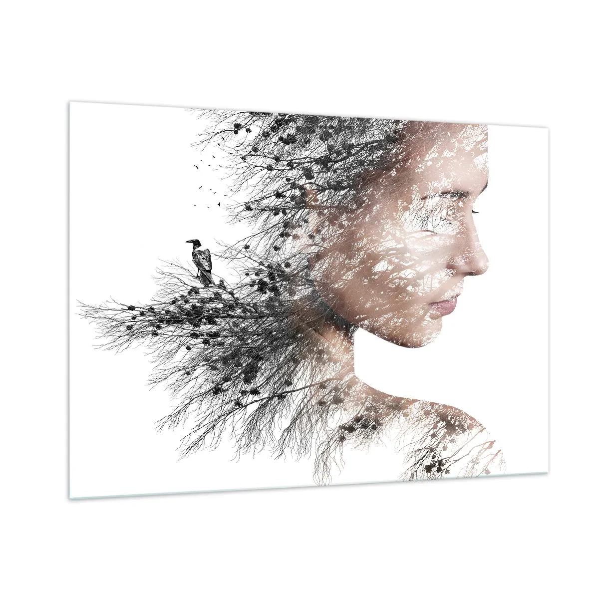 Glasbild - Bild auf glas - Porträt einer Frau mit Zweigen im Hintergrund - 100x70cm - Der Geist des Waldes - Moderne Wanddekoration für Wohnzimmer und Schlafzimmer ARTTOR