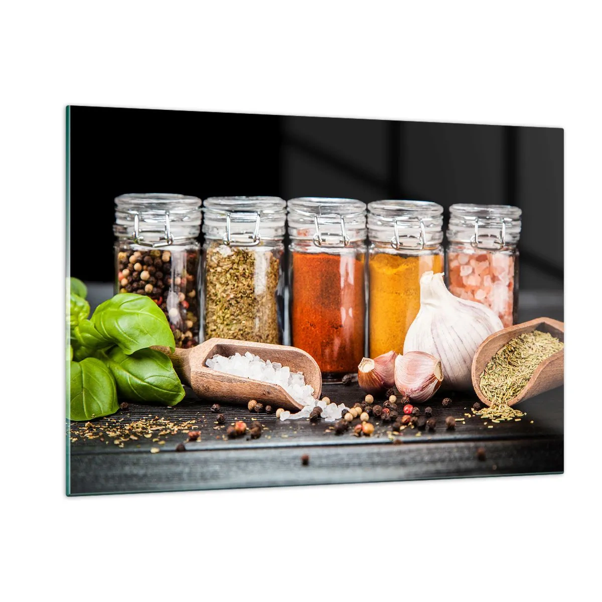 Glasbild - Bild auf glas - Bunte Gewürze in Gläsern auf dunklem Hintergrund - 120x80cm - Für einen Geschmack des Lebens - Moderne Wanddekoration für Wohnzimmer und Schlafzimmer ARTTOR