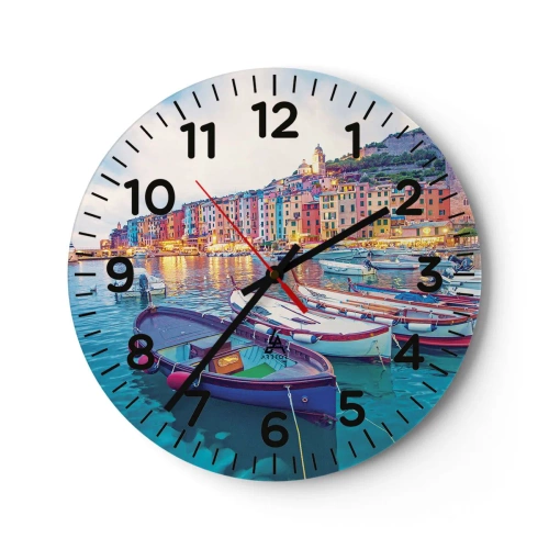 Wanduhr - Glasuhr - Bunter Abend im Hafen - 40x40 cm