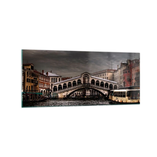 Glasbild - Bild auf glas - Rialtobrücke in Venedig über den Canal Grande, klassische Architektur. - 120x50cm - Das Versprechen eines venezianischen Abends - Moderne Wanddekoration für Wohnzimmer und Schlafzimmer ARTTOR