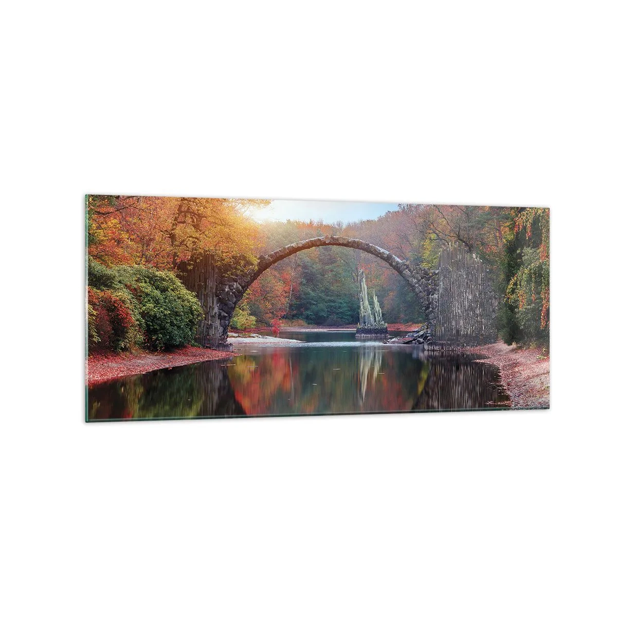 Glasbild - Bild auf glas - Eine Steinbrücke in einer Herbstlandschaft über ruhigem Wasser - 120x50cm - Auf der anderen Seite des Spiegels - Moderne Wanddekoration für Wohnzimmer und Schlafzimmer ARTTOR