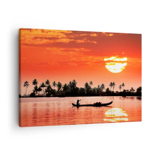 Bild auf Leinwand - Leinwandbild - Tropischer Sonnenuntergang mit einem Boot und Palmen im Hintergrund - 70x50cm - Die Ruhe der Tropen bei Sonnenuntergang - Moderne Wanddekoration für Wohnzimmer und Schlafzimmer ARTTOR