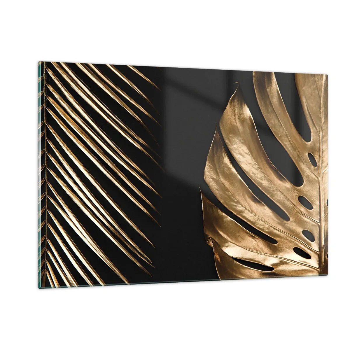 Glasbild - Bild auf glas - Goldene Palmblätter und Monsteras auf schwarzem Hintergrund - 120x80cm - Anders und genauso teuer - Moderne Wanddekoration für Wohnzimmer und Schlafzimmer ARTTOR