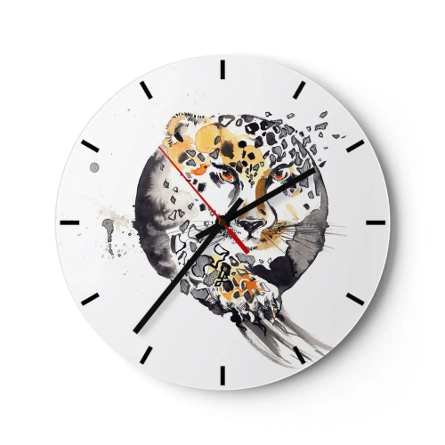 Wanduhr - Glasuhr - Leopard in künstlerischer Form mit dynamischen Partikeln um die Silhouette - 30x30cm - Raubtierschönheit - Moderne Wanddekoration für Wohnzimmer, Küche und Schlafzimmer ARTTOR